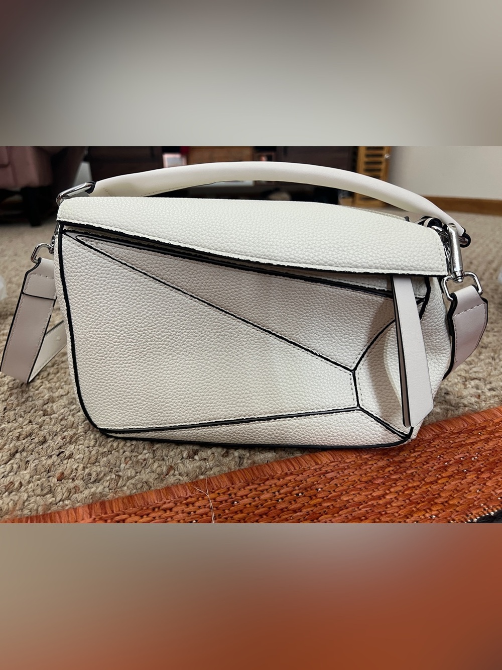 White Geometric Puzzle-Style Crossbody Handbag - LSDJ Pebbled Leather